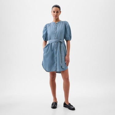 Ruha GAP Dresses Shortsleeve Puff Sleeve Denim Shirtdress Light Wash Indigo 118 Kék | 855096-00, 0