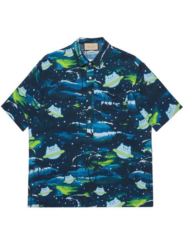 Ing Gucci Abstract-Print Short-sleeved Shirt Blue Kék | 694143 ZAJAT 4606