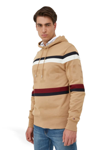 Sweatshirt Tommy Hilfiger Global Stripe Hilfiger Monotype Logo Hoodie Bézs | MW0MW31489