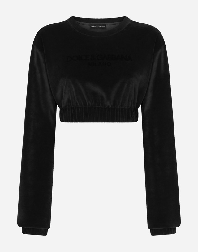 Cropped Chenille Sweatshirt With Carpet-stitch Embroidery - Woman T-shirts And Sweatshirts Black Cotton 44