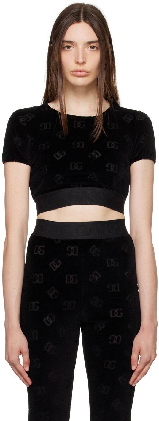 Crop topok Dolce & Gabbana Black Flocked T-Shirt Fekete | F8S63T FJ7DL
