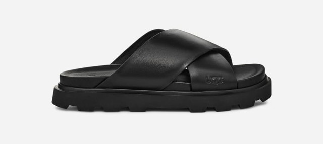 Sneakerek és cipők UGG ® Capitelle Crossband Slide for Women in Black, Size 6.5, Leather Fekete | 1152672-BLK