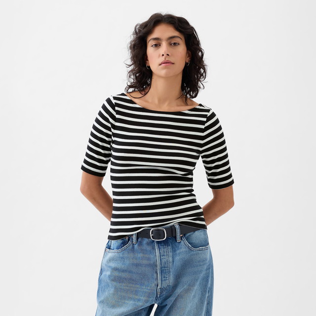 Top Elbow Sleeve Modal Ballet Back Top Black White Stripe