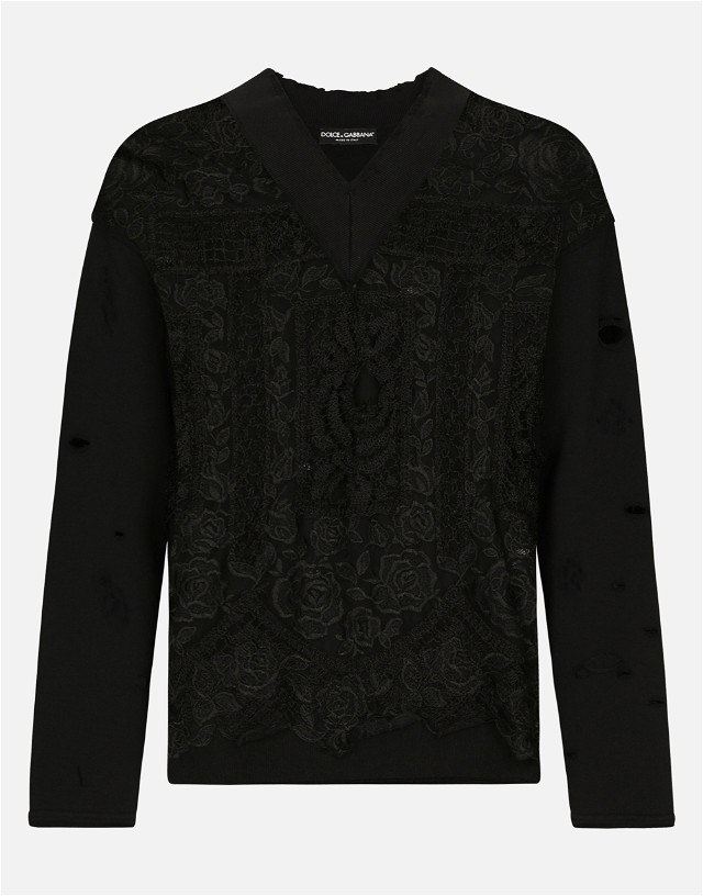 Sweatshirt Dolce & Gabbana Embroidered Tulle And Jersey Sweatshirt Fekete | G9ADKTHLMO4N0000