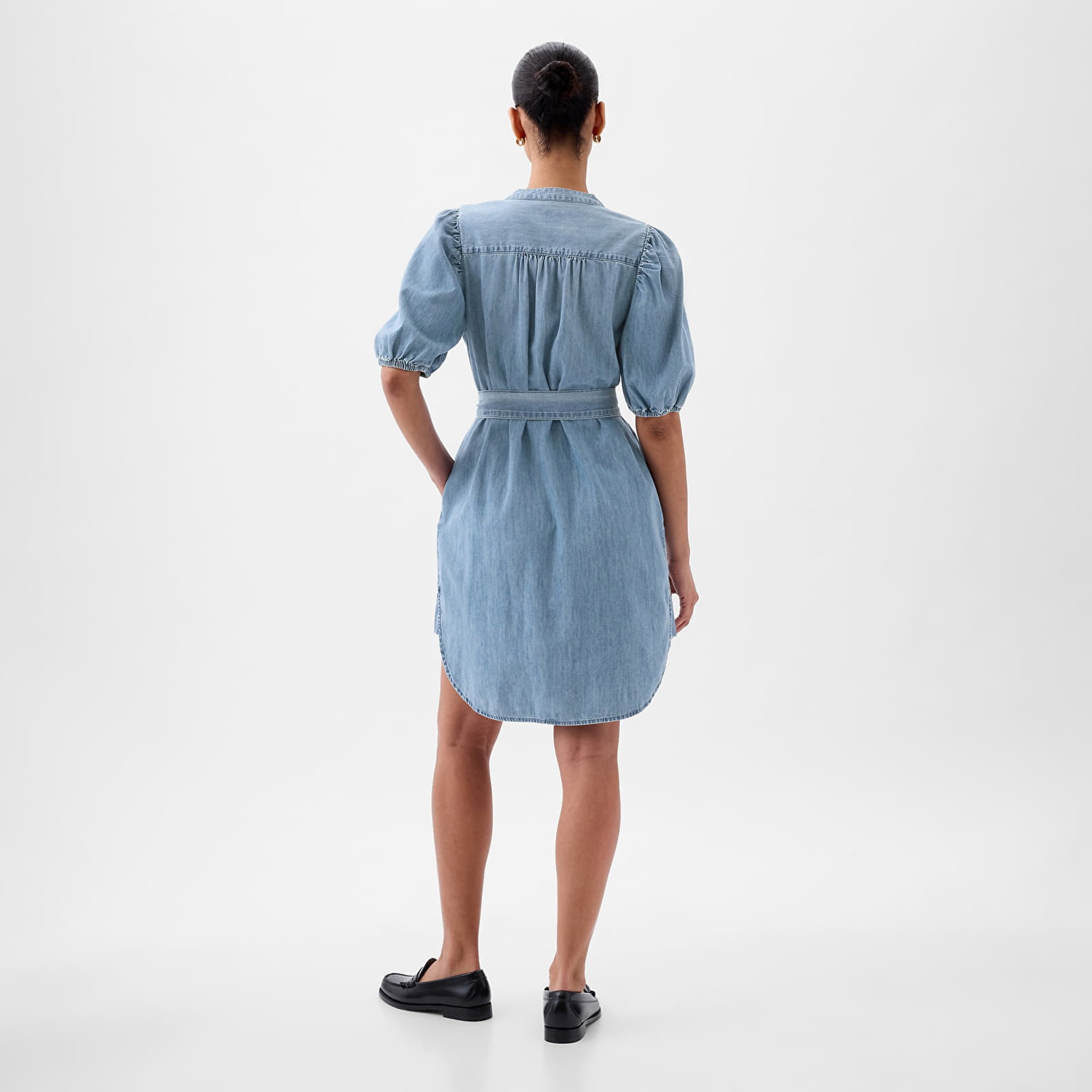 Ruha GAP Dresses Shortsleeve Puff Sleeve Denim Shirtdress Light Wash Indigo 118 Kék | 855096-00, 1