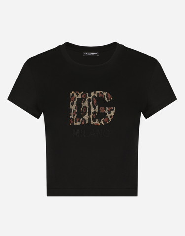 Póló Dolce & Gabbana Short T-shirt With Fusible-rhinestone DG Logo Fekete | F8U48ZGDBZWN0000, 0