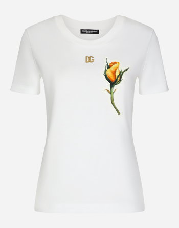 Dolce & Gabbana Jersey T-shirt With Dg Logo And Yellow Rose-embroidered Patch F8T00ZGDCBTW0800