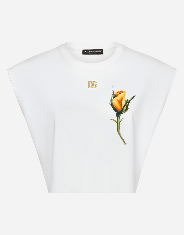 Póló Dolce & Gabbana Cropped Jersey T-shirt With Dg Logo And Rose-embroidered Patch Fehér | F8U68ZG7G9AW0800