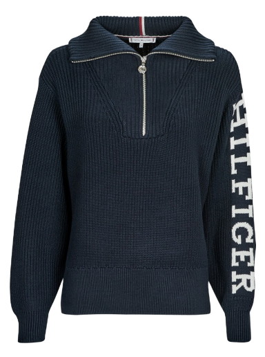 Pulóver Tommy Hilfiger PLACED HILFIGER 1/2 ZIP SWEATER Fekete | WW0WW39013-DW5