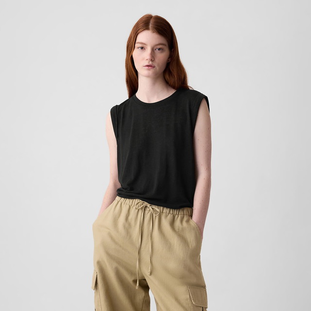 Trikók GAP Top Sleeveless Linen Blend Shell Top Black Fekete | 878221-03