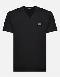 Cotton V-neck T-shirt With Branded Tag