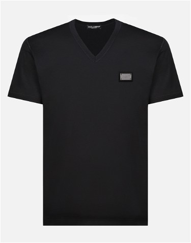Póló Dolce & Gabbana Cotton V-neck T-shirt With Branded Tag Fekete | G8PT2TG7F2IB0665, 0