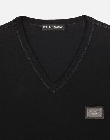 Póló Dolce & Gabbana Cotton V-neck T-shirt With Branded Tag Fekete | G8PT2TG7F2IB0665, 2
