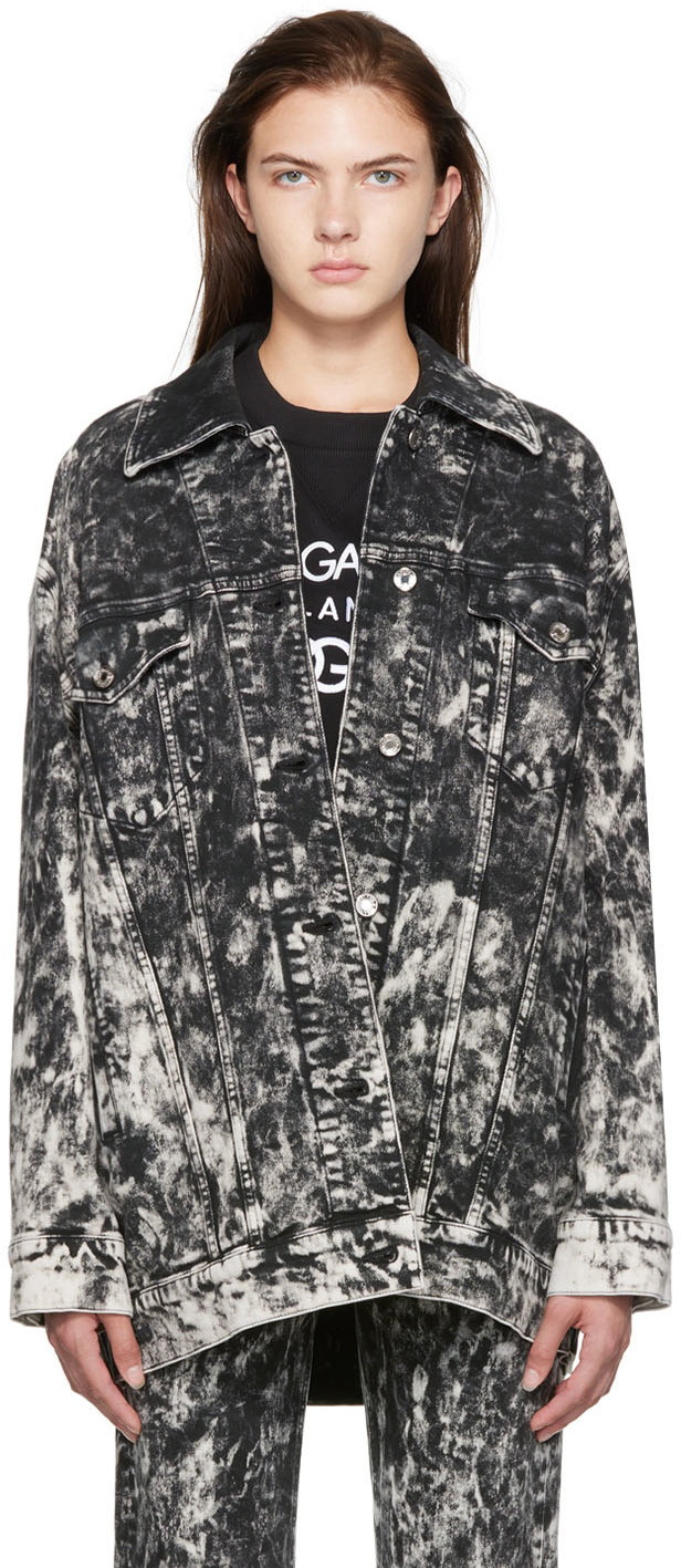 Dzsekik Dolce & Gabbana Black & White Marbled Denim Jacket Fekete | F9M85D G8GG3
