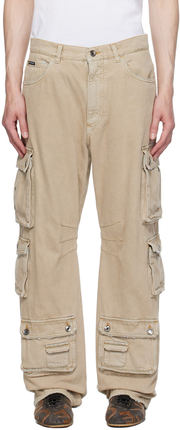 Oldalzsebes nadrágok Dolce & Gabbana Beige Distressed Denim Cargo Pants Bézs | GVK6XDG8JL1