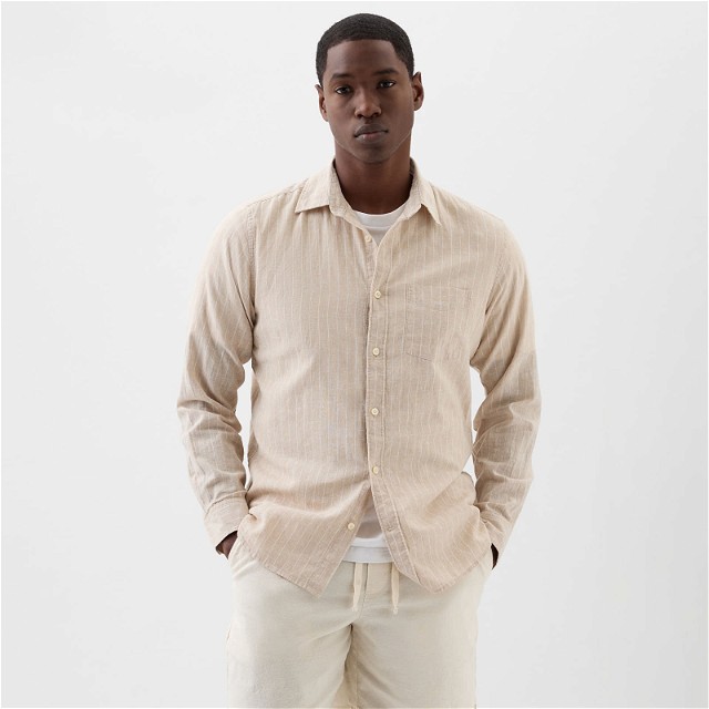 Ing GAP Longsleeve Standard-Fit Linen Shirt Khaki Stripe Bézs | 885302-01