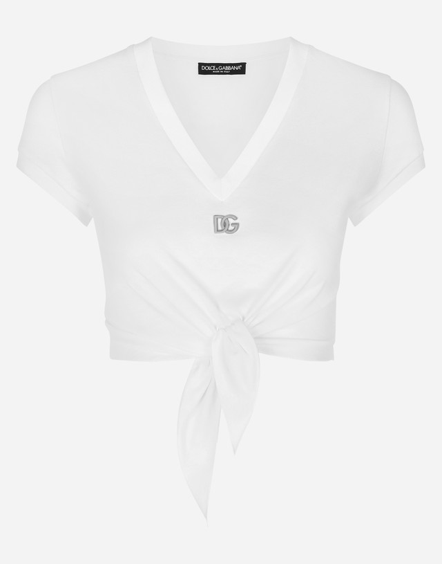 Crop topok Dolce & Gabbana Jersey T-shirt With Dg Logo And Knot Detail Fehér | F8U06TFU7EQW0800