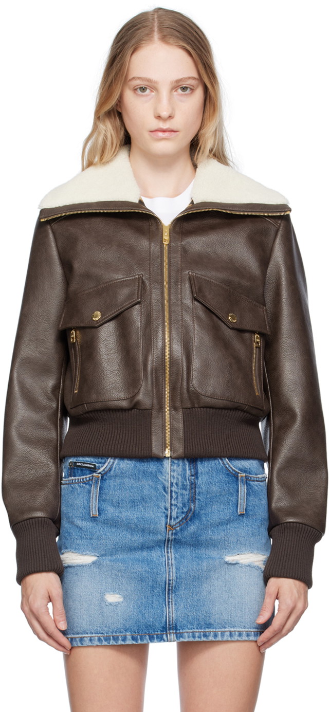 Dzsekik Dolce & Gabbana Brown Faded Faux-Leather Jacket Barna | F9Q87T GDBTY