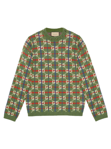 Pulóver Gucci GG Check Knit Wool Sweater Zöld | 713571 XKCOZ 3465