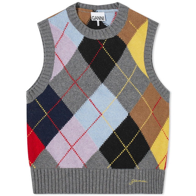 Pulóver GANNI Harlequin Wool Mix Knit Vest Szürke | K2101-523