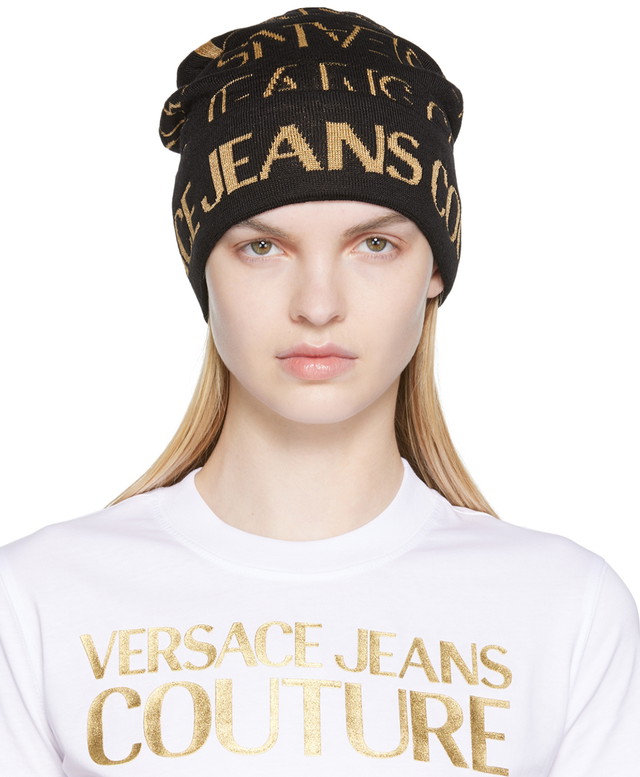 Beanie sapkák Versace Black & Gold Logo Beanie Fekete | E73HAZK46EZG024