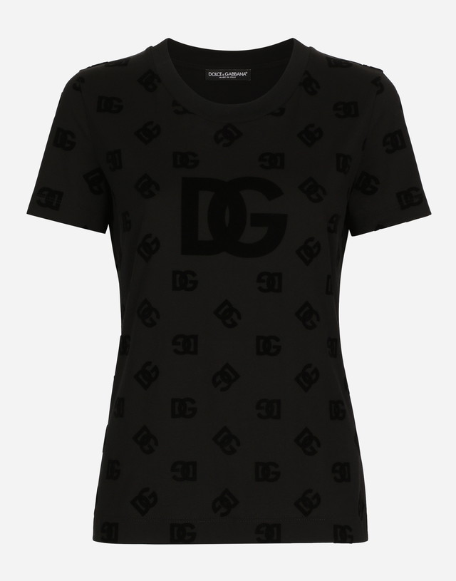 Póló Dolce & Gabbana Jersey T-shirt With All-over Flocked Dg Logo Fekete | F8T00TGDB9KN0000