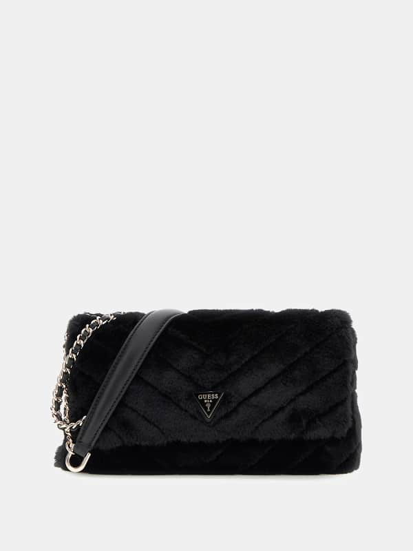 Válltáskák GUESS Katine Faux Fur Crossbody Bag Fekete | HWWG9189210