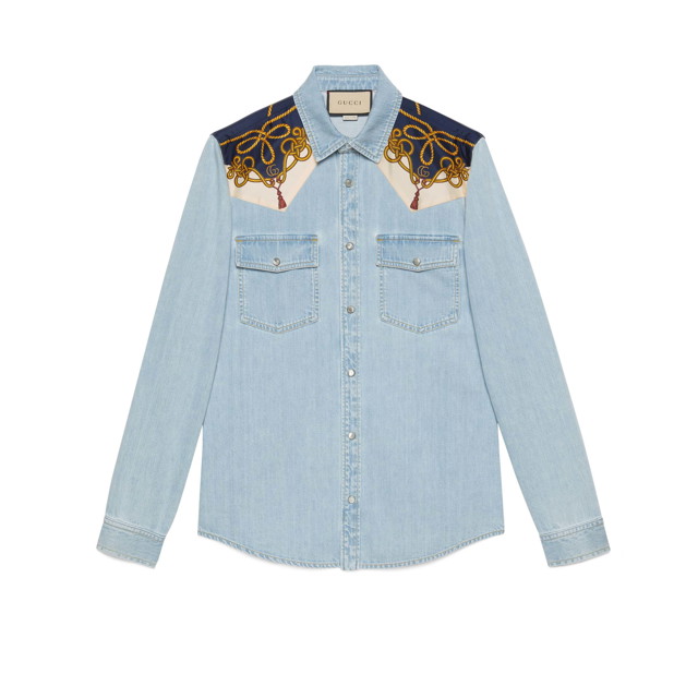 Ing Gucci Chain Print Panelled Shirt Light Blue Kék | 692271 XDBYI 4452