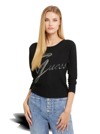 Sweatshirt GUESS Rhinestones Front Logo Fekete | W3BR25Z2NQ2