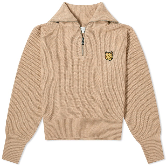 Pulóver MAISON KITSUNÉ Tonal Fox Head Patch Half Zip Crewneck Bézs | LW00809KT1093-H251