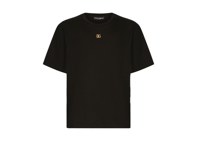 Póló Dolce & Gabbana Metallic DG Logo Cotton T-Shirt Black/Gold Fekete | G8NC5ZG7A0WN0000