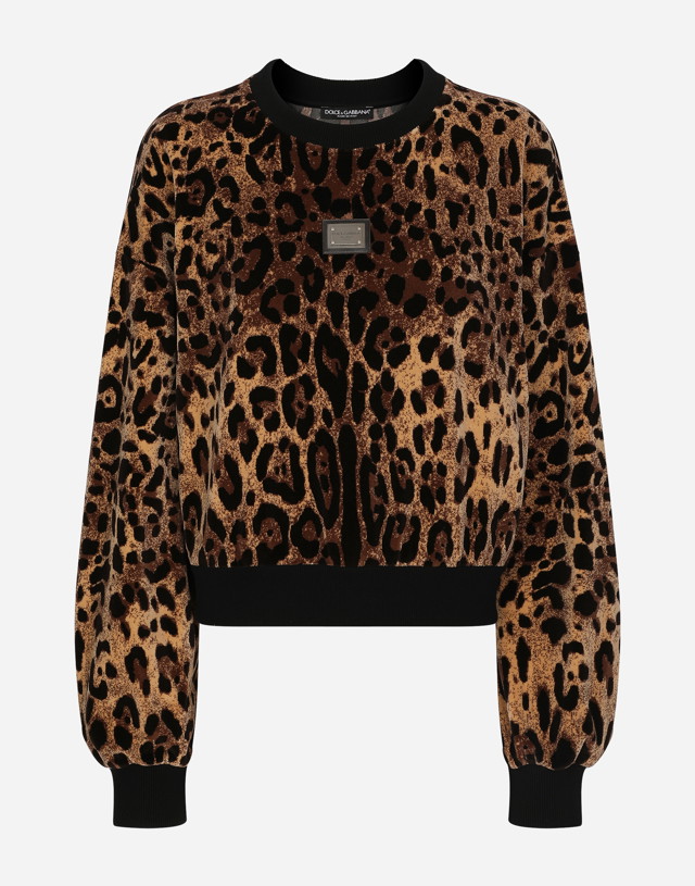 Sweatshirt Dolce & Gabbana Round-neck Chenille Sweatshirt With Jacquard Leopard Design Barna | F9R28TFJ7D5S8350