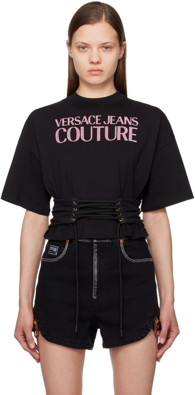 Póló Versace Couture Black Lace-Up T-Shirt Fekete | E76HAHG04_ECJ00G