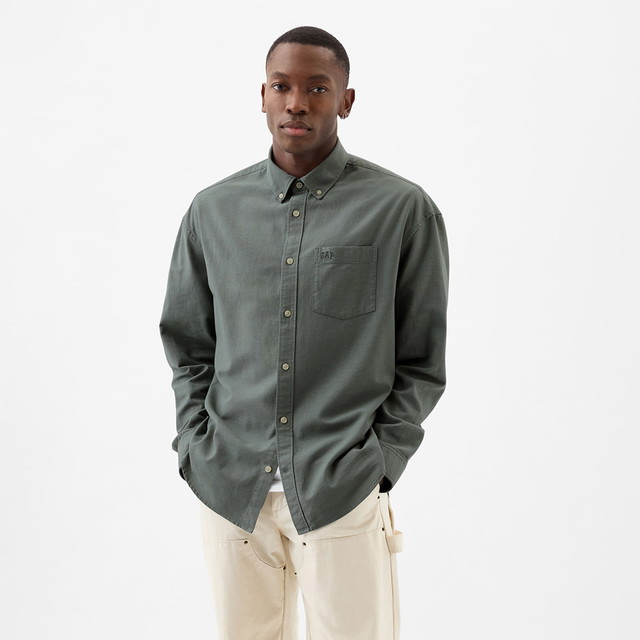 Ing GAP Longsleeve Standard-Fit Oxford Logo Shirt Laurel Wreath Green 17-6 Szürke | 887258-03