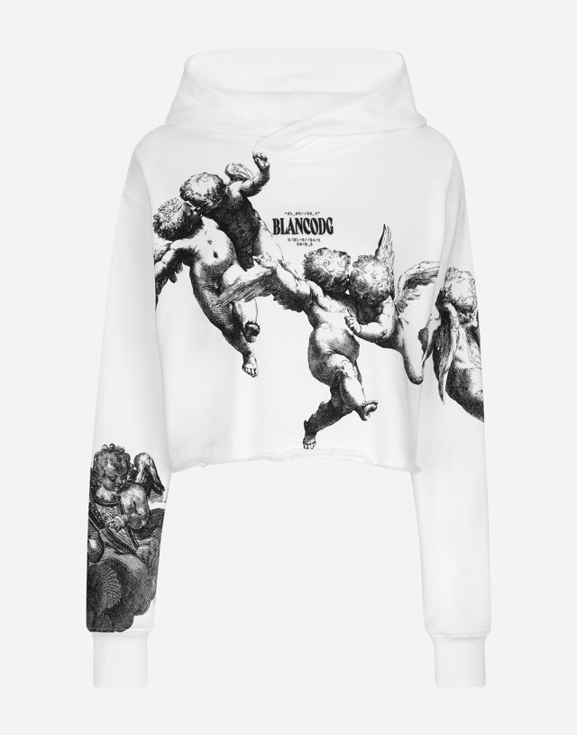 Sweatshirt Dolce & Gabbana Cropped Jersey Hoodie With Angel Print And Embroidery Fehér | I9AMDWII7AKHW4XJ