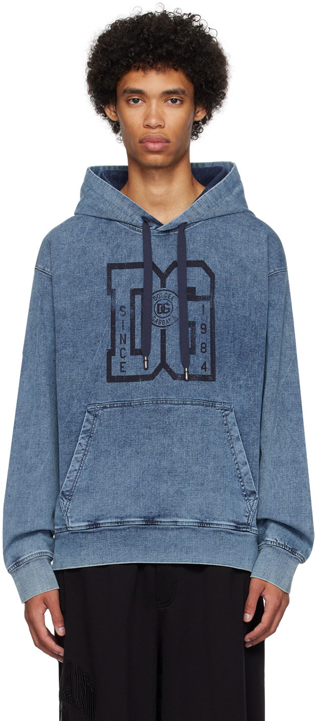 Sweatshirt Dolce & Gabbana Blue Printed Hoodie Kék | G9ZU0TG7G1V