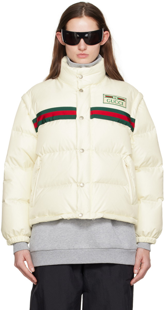 Puff dzsekik Gucci Web Convertible Down Jacket "Off-White" Bézs | 683216 Z8AQX