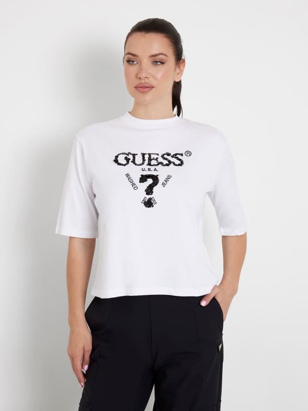 Póló GUESS Sequins Front Logo T-Shirt Fehér | V4YI06I3Z14