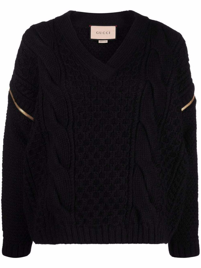 Sweatshirt Gucci Detachable Sleeves Knit Sweatshirt Black Fekete | 680968 XKB22 1000
