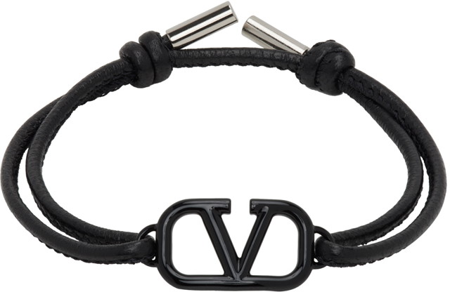 Karkötők Valentino Garavani Black Leather VLogo Signature Bracelet Fekete | 4Y2J0Q15CVJ