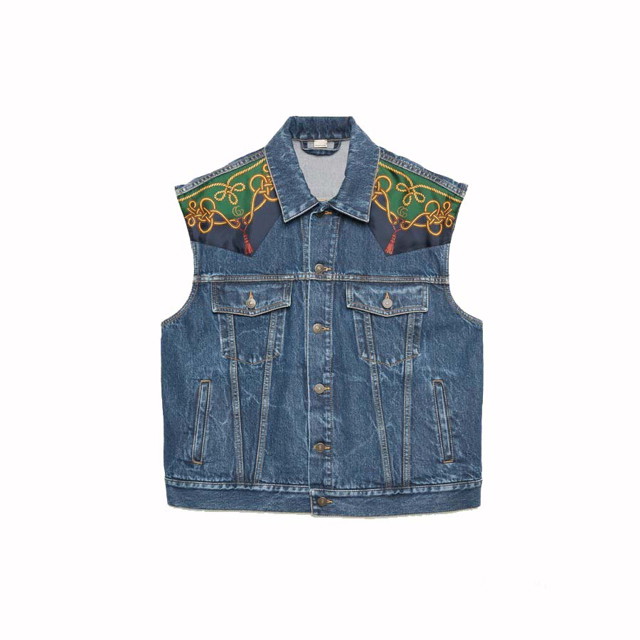 Mellények Gucci Silk Scarf-Panelled Denim Vest Blue Kék | 692269 XDBYH 4447