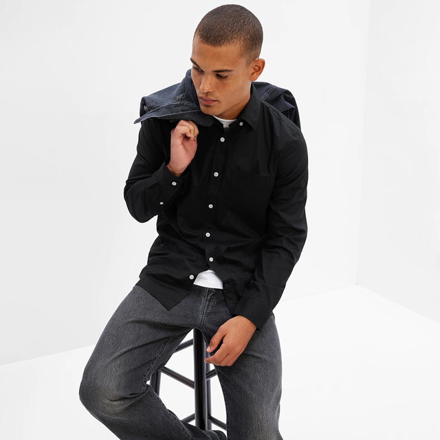 Ing GAP Longsleeve Slim-Fit Stretch Poplin Shirt Black 4 Fekete | 488479-04