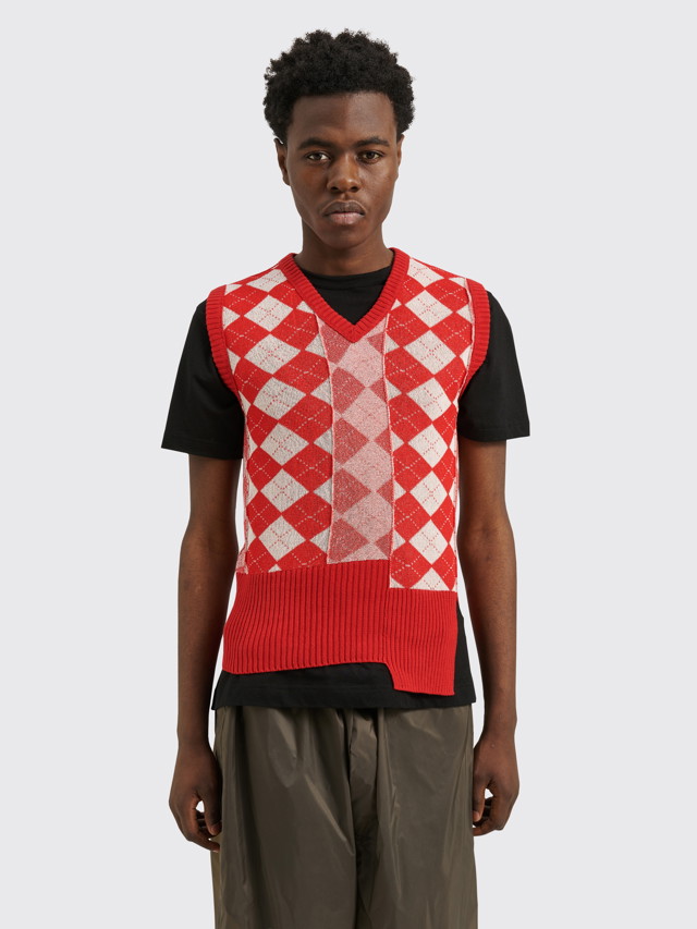 MM6 Sleeveless V-Neck Argyle Jumper Red / White