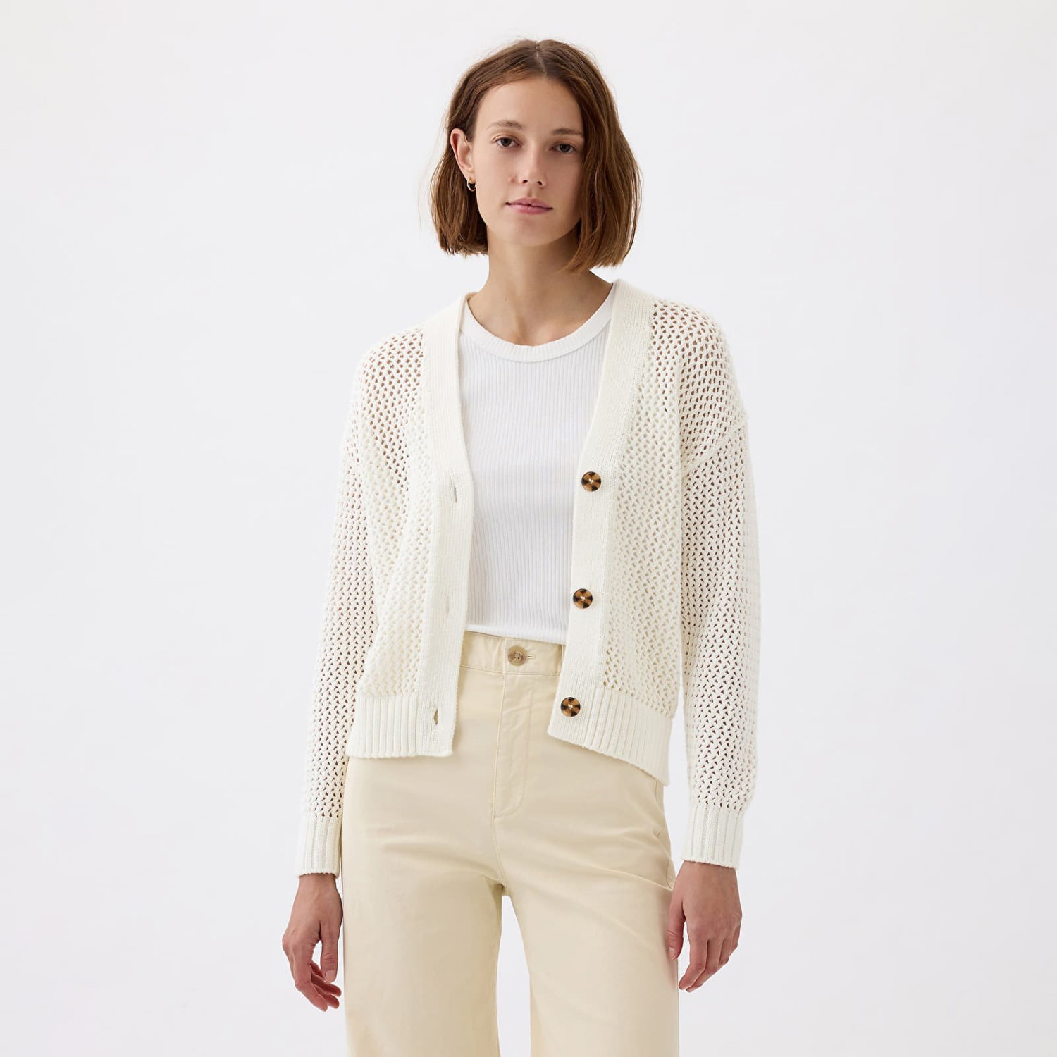 Pulóver GAP Longsleeve Crochet Cardigan New Off White Bézs | 854777-00, 0