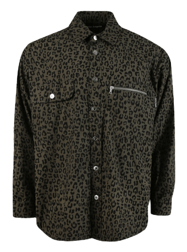 Ing Palm Angels Leopard Camo Curved Logo Shirt Fekete | PMGA109S22FAB0021001