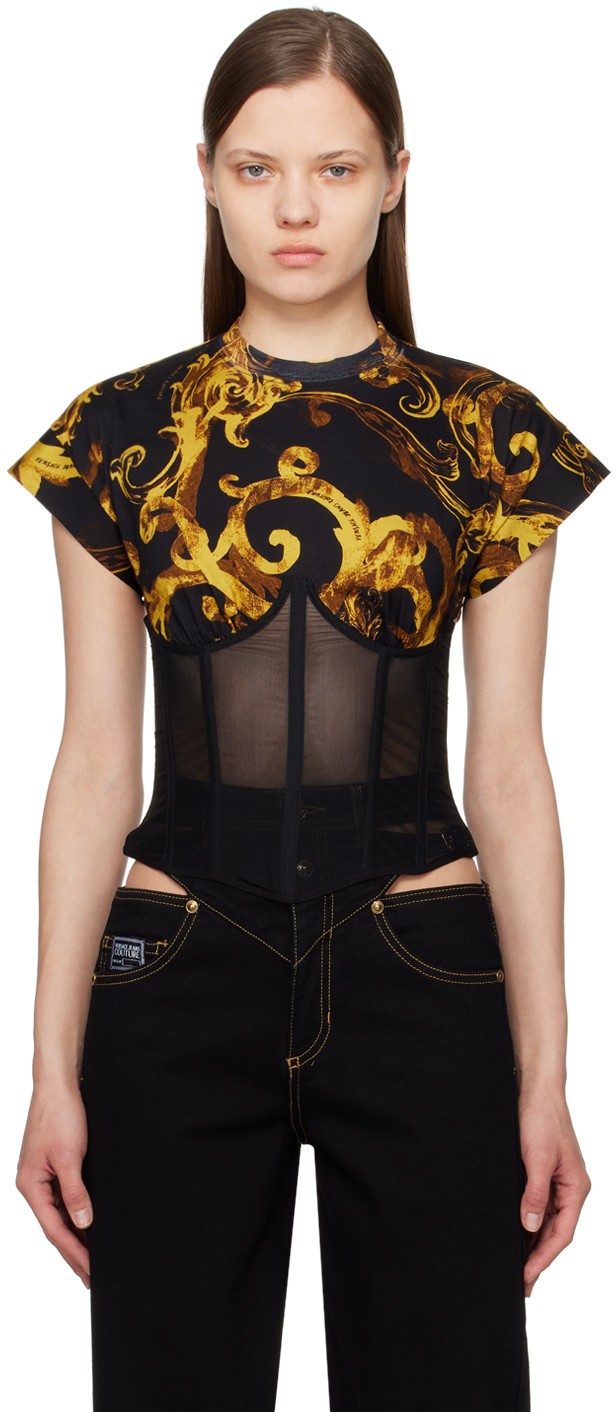 Póló Versace Couture Black & Gold Watercolor Baroque T-Shirt Fekete | E76HAH6A0_EJS287, 0