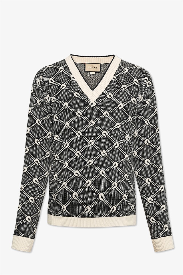 Pulóver Gucci Slim-Fit Patterned Sweater Black White Szürke | 703112-XKCCW-1289