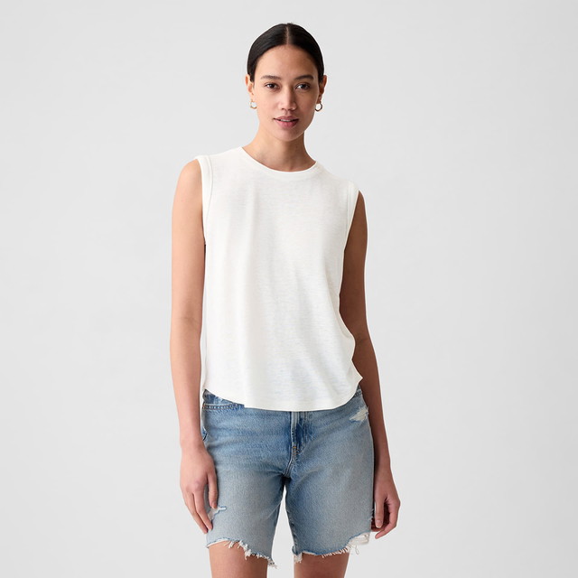 Top Sleeveless Linen Blend Shell Top Optic White