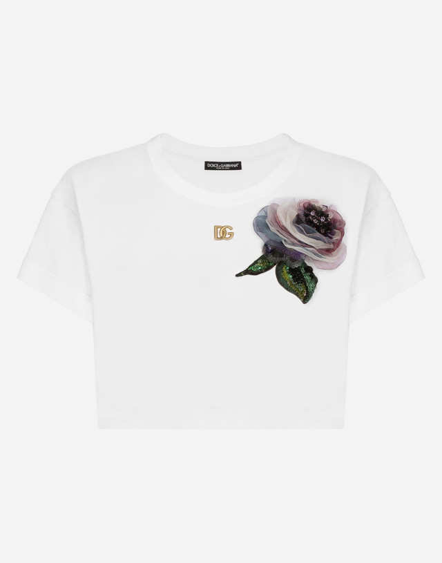 Póló Dolce & Gabbana Cropped Jersey T-shirt With Flower Appliqué Fehér | F8U99ZGDCB1W0800