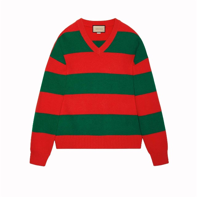 Pulóver Gucci Felted Wool Striped Sweater Red/Green Zöld | 763344 XKDNH 6565